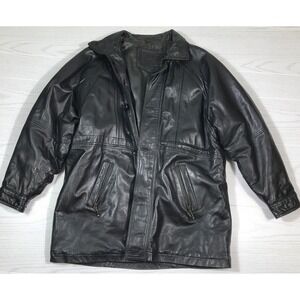 Vintage 80s Mens Leather Jacket Men L Black Smile by Leo Boy Zip Up Button Lined